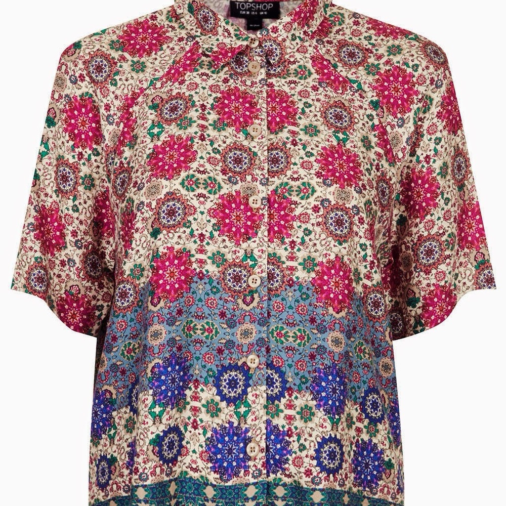 Topshop Folk Print Bright Pink Green Blue Pattern Print Casual Shirt